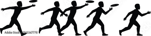 Dynamic silhouette of person throwing frisbee, motion capture sequence, sport activity, action shot, black and white outline figure