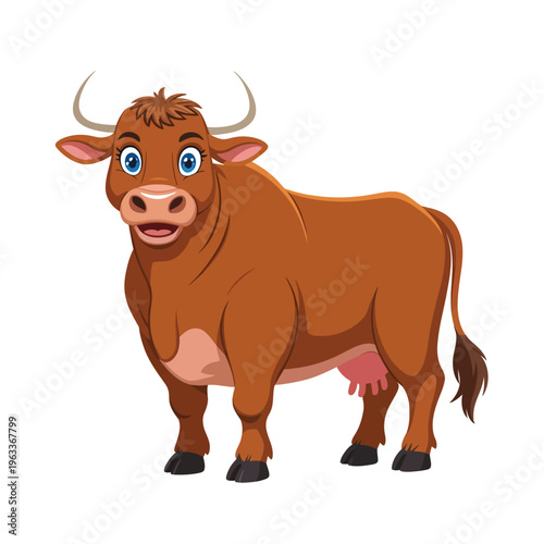 A cartoon brown cow with big blue eyes and horns
