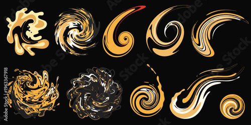 Collection of ten dynamic abstract liquid swirl and vortex graphic elements featuring gold and black colors