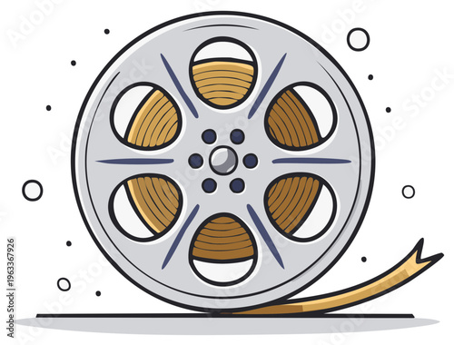 Vintage film reel with cinematic ribbon unwinding symbolizing movie making and entertainment