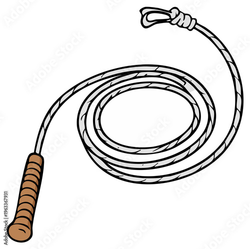 Cartoon illustration of a coiled bullwhip with a wrapped handle and a looped tip for Adobe Stock