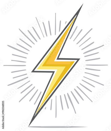 Yellow lightning bolt with retro rays symbol, energy concept, isolated vector illustration