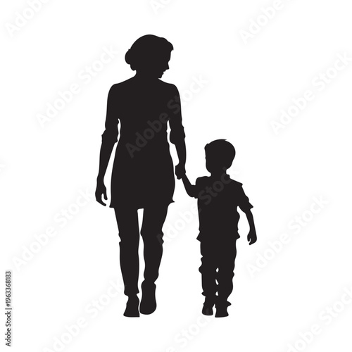 Mom and son walk forward holding hands. Mother-son relationship, trust. Isolated vector silhouette