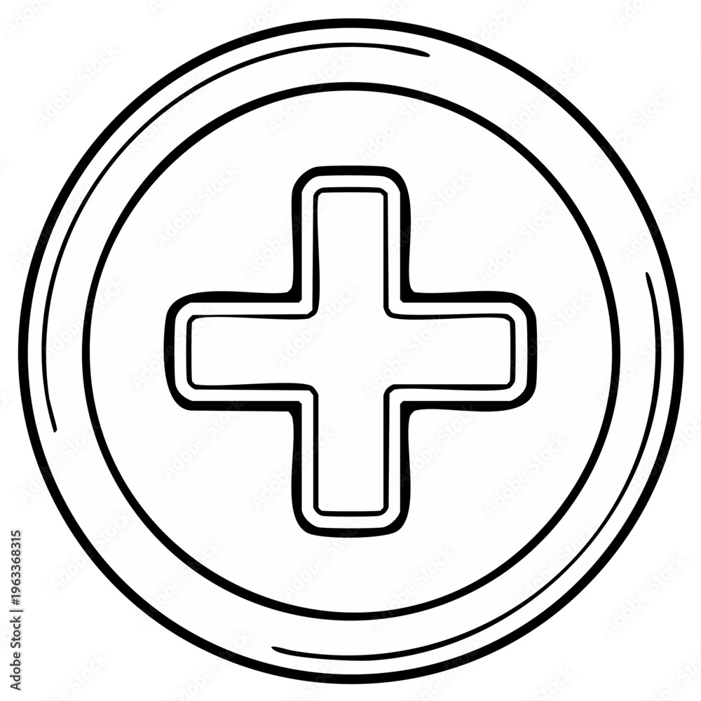 Fototapeta premium Hand drawn medical plus sign enclosed within a circle, a design graphic for healthcare or cross symbols