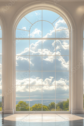 A peaceful interior scene with three big windows offering a view of the sky, ideal for relaxation or contemplation
