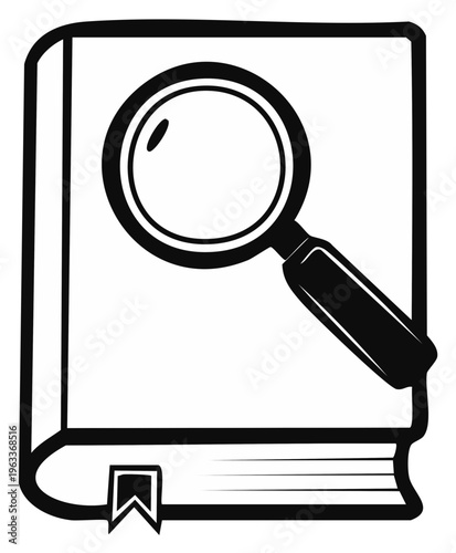 Magnifying Glass Examines a Thick Book with Bookmark Symbolizing Research and Study in Black and White Line Art