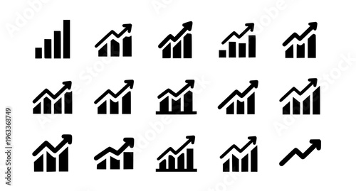 Growth arrow and bar chart icons set with rising statistics and upward trend symbols vector isolated on white