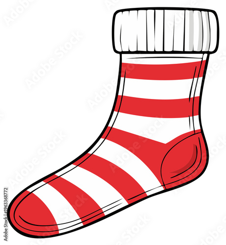 Red and white striped sock with ribbed cuff, isolated on white background, cartoon style.