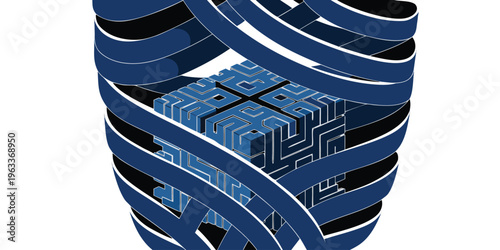 Abstract blue ribbon structure symmetrically encloses a complex three dimensional maze cube design against white