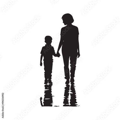 Mom and son walk forward holding hands. Mother-son relationship, trust. Isolated vector silhouette