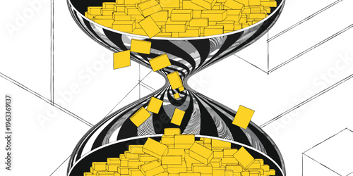 A financial concept illustration showing golden bars flowing through a stylish hourglass, symbolizing time management and wealth accumulation over a period.