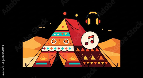 Vibrant desert tent with colorful patterns and music symbol under starry night sky with headphones