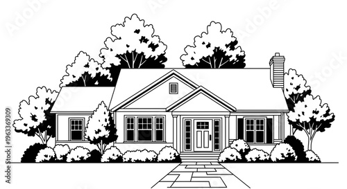 House with gable roof and chimney.