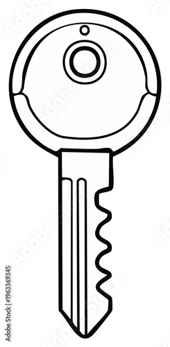 Outline illustration of a house key or lock key with a round head shape and teeth pattern cut into the metal