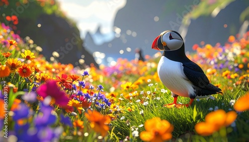 Papageitaucher im Blumenfeld