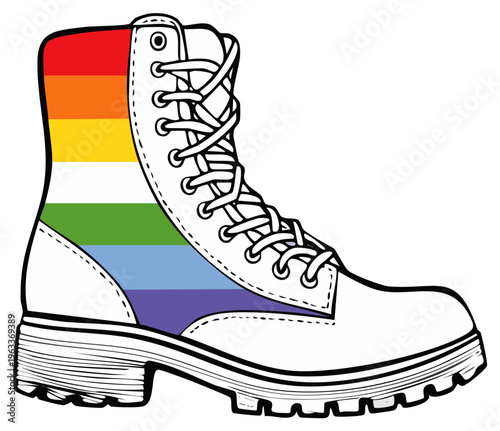 Outline Illustration of a Boot with a Rainbow Color Stripe Representing Pride