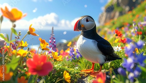 Papageitaucher im Blumenfeld