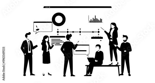 Project timeline teamwork illustration with business people using collaboration software and digital dashboard isolated on white

