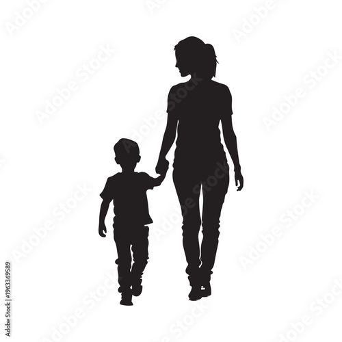 Mom and son walk forward holding hands. Mother-son relationship, trust. Isolated vector silhouette
