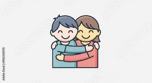 Two happy children hugging each other with arms around smiling faces and colorful clothes on white background