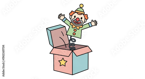 A cheerful clown emerges from a colorful box with a spring symbolizing surprise and joy in a whimsical scene