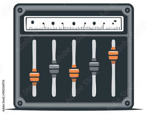 Audio Mixer Console with Five Sliders andVU Meter Display for Sound Engineering