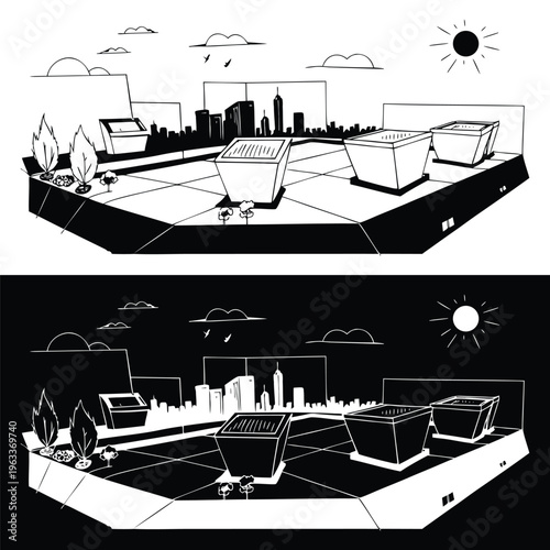 Minimalist black and white line art illustration portraying a modern urban cityscape with buildings, trees, and planters on a rooftop terrace overlooking the horizon.