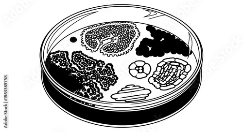 Black and white petri dish contents.
