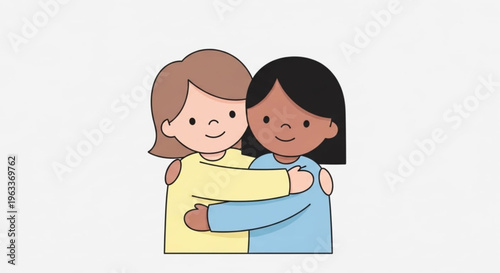 Two diverse girls hugging smiling and showing friendship and affection with brown hair and casual clothes on a plain background