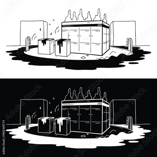 Black and white hand-drawn illustration depicting a dangerous industrial building with toxic waste spilling onto the ground, showing environmental hazard and pollution crisis.
