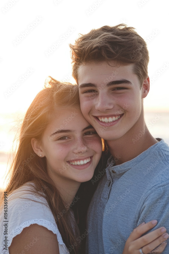 Fototapeta premium A romantic moment between two people as they hug on the beach