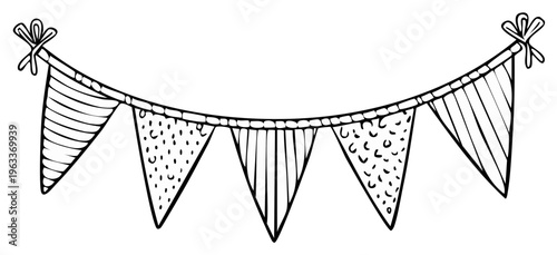 Hand Drawn Festive Bunting with Patterned Pennants Party Decoration in Black and White