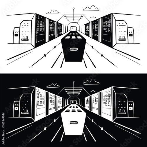Futuristic transportation concept shows a streamlined vehicle speeding through a city tunnel towards an illuminated vanishing point in high contrast.