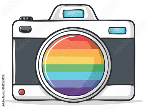 Retro camera with rainbow lens reflecting vibrant colors and pride symbolism