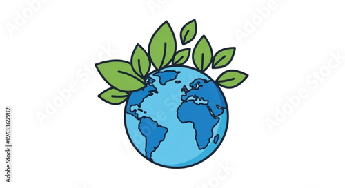 Earth with green leaves growing out of it symbolizing eco friendly and sustainable living on a white background