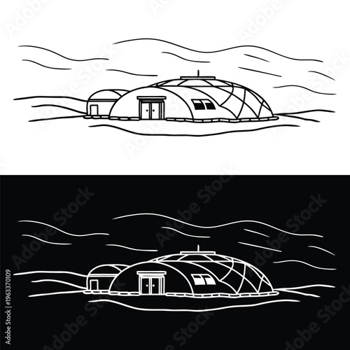 Simple hand drawn illustration of a unique futuristic geodesic dome house, an innovative structure designed for modern sustainable eco-living and architectural design, presented in line art.