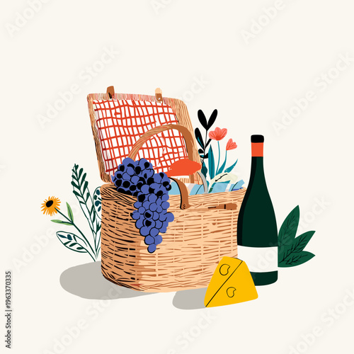 Open Woven Rattan Picnic Basket with Fruits