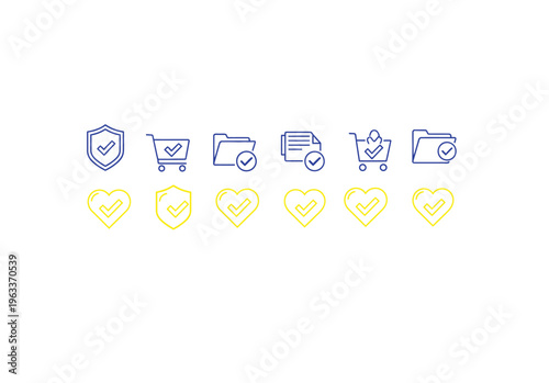 Blue and yellow outline check mark icons for security, shopping, data, and document status, shopping cart, line art, e commerce
