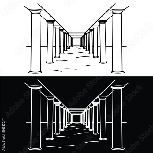 Black and white line art illustration depicts a classical architectural colonnade walkway receding into a vanishing point perspective.