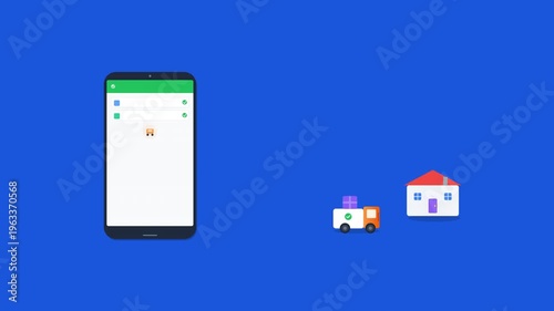 Smartphone animation tracks a moving delivery truck to a house on a bright blue background.