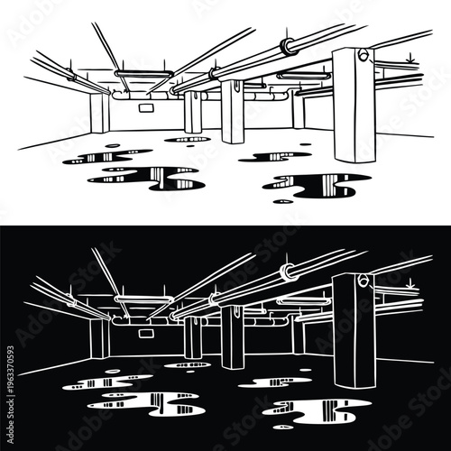 This graphic vector illustration depicts a neglected, damp basement or underground utility room with exposed pipes overhead and many water puddles on the concrete floor.