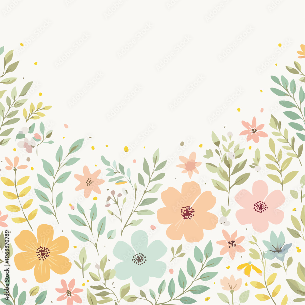 Obraz premium Soft pastel floral border design with gentle blooming flowers and green leaves for elegant graphics.flower vector