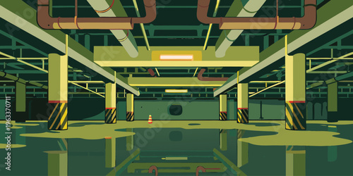 Eerie dimly lit underground parking garage interior features standing water and structural support columns with caution markings