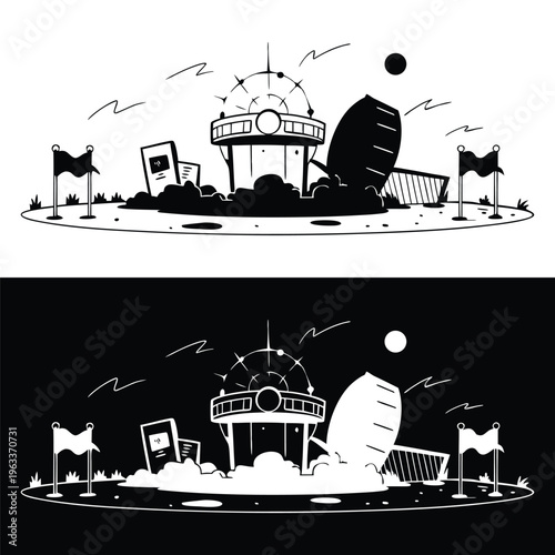 A monochromatic cartoon illustration depicts a desolate island landscape featuring a broken control tower, ruined ship, tattered flags, and scattered debris under a lonely sun.