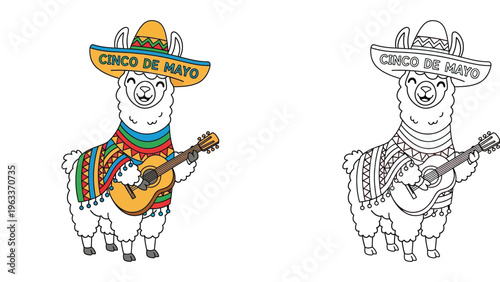 Mexican Cinco de Mayo Llama Character Playing Guitar in Sombrero and Poncho, Color and Line Art Coloring Page Vector Illustration for Kids