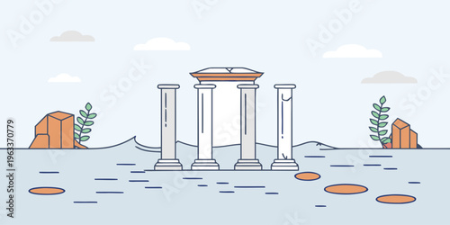 Ancient greek temple ruins partially submerged in rising ocean water illustrating climate change and historical preservation challenges