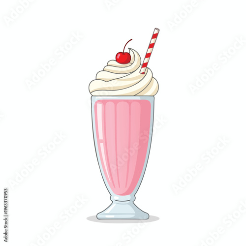 A tall glass filled with pink liquid, topped with whipped cream, a cherry, and a straw