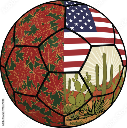 A close up photograph of a professional soccer ball with different panels featuring textured maple leaf designs and green desert cactus patterns on white leather