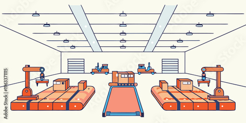An innovative automated factory processing packages on conveyor belts with robotic arms and forklifts moving efficiently in a modern industrial setting.