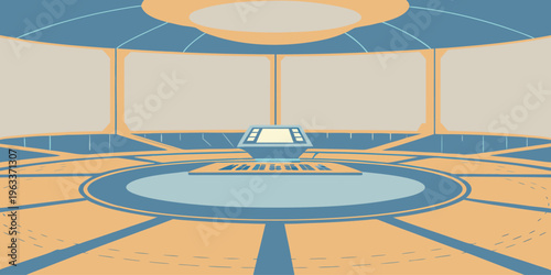 Empty futuristic control room interior with a central console bathed in soft glowing light and large display panels awaiting activation